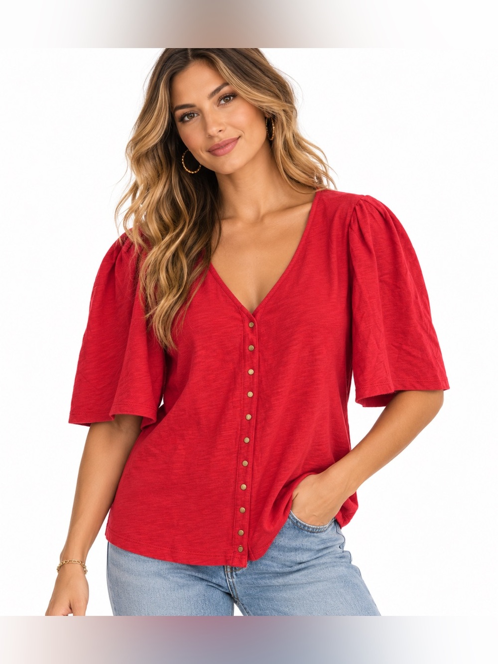 Anthro Nation Los Angeles Jen Red V-Neck Button‎ Front Women's Top XXL